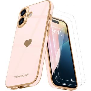 Eryi-Coque Compatible Avec Iphone 16 + 2 Films De Protection D'écran, Coque Pour Fille, Coque De Protection D'appareil Photo Galvanisée Pour Iphone 16, Rose Pâle - Neuf