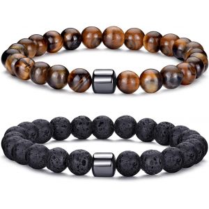 Kalanka-Bracelet Oeil De Tigre Homme 8mm Bracelet Pierre Naturelle Homme Ensemble De Bracelets Réglables Et Extensibles En Pierre De Lave Pour Hommes Bracelets De Perles Cadeaux Pour Père Petit Ami - Neuf
