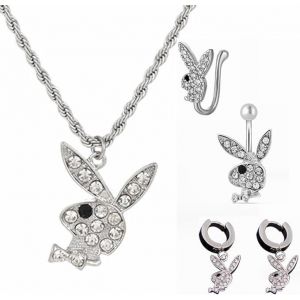 Kal-Collier Playboy Lapin Collier Pour Hommes Et Femmes Collier Blanc + Anneaux De Nombril + Boucles D'oreilles Lapin En Acier Inoxydable - Neuf