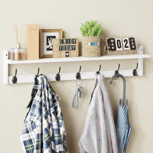 Crochet mural avec &eacute;tag&egrave;re - 88,9 cm de long - Avec &eacute;tag&egrave;re - &Eacute;tag&egrave;re murale en bois - Avec 7 crochets doubles en m&eacute;tal - Pour salle de bain, cuisine, salon, chambre &agrave; coucher - Blanc - Neuf