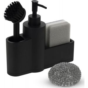 KAL-Organisateur D'Évier - Distributeur De Savon - Éponge De Nettoyage Avec Brosse De Nettoyage En Acier Inoxydable Et Éponge - Organiseur De Cuisine - Noir - Neuf