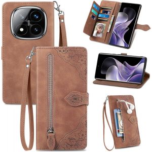 KALANKA-Coque pour Xiaomi Redmi Note 14 Pro 5G / 4G / POCO X7, &Eacute;tui Housse en Cuir PU &agrave; Rabat avec Porte Carte, Chiusura Magn&eacute;tique [Motif de Fleur] Flip Cover TPU Case Antichoc Portefeuille, Marron - Neuf