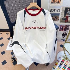T-Shirt À Manches Longues En Pur Coton Pour Femme, Haut Mi-Long À Col Rond Imprimé, Vêtements Pour Femmes - Neuf