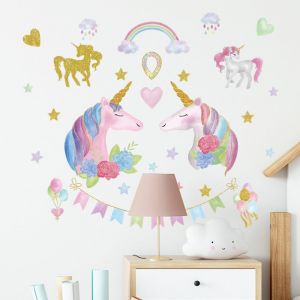 Stickers muraux licorne pour chambre de fille, fresque murale imperm&eacute;able et autocollante, d&eacute;coration facile &agrave; d&eacute;coller et &agrave; coller, 2 feuilles - Neuf