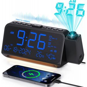 Radio R&eacute;veil Projection, R&eacute;veil Num&eacute;rique Projecteur avec Variateur &agrave; 5 Niveaux, Mode Jours Ouvrables/Week-End, 2 Alarmes, FM, Snooze, Temp&eacute;rature, Humidit&eacute;, Veilleuse, Chargeur USB Type-C - Neuf