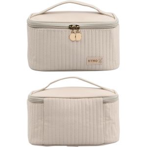 TIANYI-Trousse de Toilette Femme, Sac &agrave; Cosm&eacute;tiques en Cuir PU, Trousse de Maquillage avec Compartiments, Trousse de Cosm&eacute;tique avec Poign&eacute;e, Trousse de Rangement pour Voyage (Beige) - Neuf