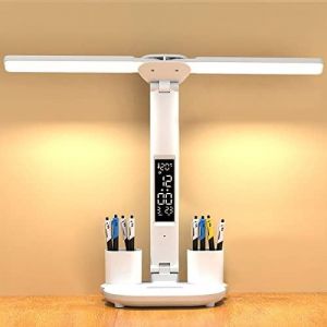 Lampe De Bureau Led 7 W, Rechargeable Sans Fil, Double Tête, Écran Lcd Avec Calendrier, Température, Horloge, Porte-Stylo, Support Mobile, 3 Modes Et Variateur D'intensité, Commande Tactile - Neuf