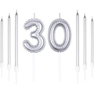 Eryi-Lot De Bougies D'anniversaire Argentées En Forme De Chiffre 30 Avec 6 Bougies Longues, 30 Bougies Pour 30e Anniversaire, Décoration De Gâteau Pour Fête D'anniversaire, Anniversaire De Mariage - Neuf