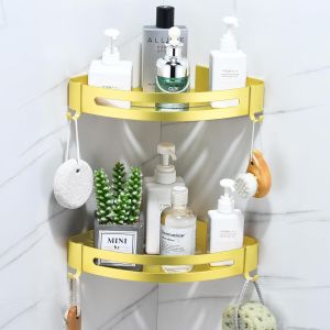 Étagère Douche sans Perçage Etagere Angle Tablette Salle de Bain avec 4 Crochets Panier de Rangement en Métal Antirouille Etagere Murale Adhésif(Dore,2 Niveaux) - Neuf