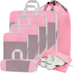 Lot De 7 Cubes D'Emballage De Compression Pour Val S, Bagages, Sacs De Rangement Extensibles Et L&eacute;gers En Maille Pour Le Rangement De Voyage Ou &Agrave; La Maison, Rose - Neuf
