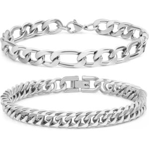 Eryi-Bracelets Pour Homme, Ensemble De Deux Pièces Chaîne Cubaine Figaro Bracelet Argent Or Noir Solide 316l Chaîne Cubaine Hommes Ensemble De Bijoux Avec Carte - Cadeau 8mm 18/21/23 Cm - Neuf