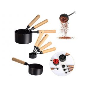 Ensemble De Tasses Et Cuill&egrave;res Doseuses En Acier Inoxydable Avec Manche En Bois - Neuf