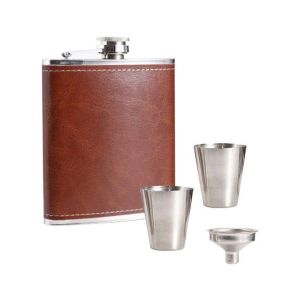 Flasque Élégante En Acier Inoxydable De 227 Ml Avec Housse En Cuir Et Gobelets ¿ Cadeau Idéal Pour Homme - Neuf
