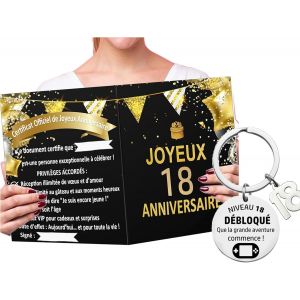 KAL-Cadeau 18 Ans Femme Homme - Porte-Clés 18 Anniversaire + Xxl Grande Carte De V?ux Personnalisable - Certificat Anniversaire Avec Message Inspirant - Idée Cadeau Originale Pour 18E Anniversaire - Neuf
