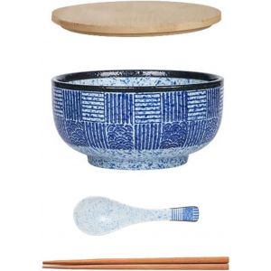 Bol &Agrave; Ramen Japonais Grand Bol &Agrave; Soupe Avec Cuill&egrave;re &Agrave; Couvercle,Bol &Agrave; Ramen En C&eacute;ramique Vintage,Bols &Agrave; Salade,Bol &Agrave; Nouilles Instantan&eacute;es-900 Ml (Rayures) - Neuf
