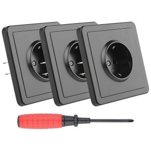 3 Pi&egrave;ces Prise Murale Simple Prise de Courant &agrave; Encastrer Prises &Eacute;Lectriques Standard 16 A 250 V Prise Encastrable avec Terre Prises Noir avec Griffes pour Cuisine Chambre, 84 mm x 84 mm - Neuf