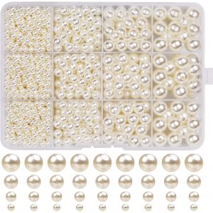 Mevronisshop-Lot De 1320 Perles De Verre Beiges - Perles D'imitation - Blanc Cr&egrave;me - Pour La Fabrication De Bijoux, Colliers, Bracelets, Bijoux - (&iquest; 4, 6, 8, 10 Mm) - Neuf