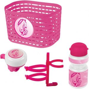 Kal-- Ensemble D'accessoires Pour Vélo D'enfant - Unisexe - Bébés Horse - Panier - Cloche - Gourde - Rose - Neuf
