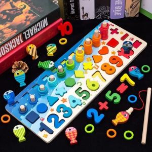 Jeux D'apprentissage,Montessori Jouets Pour Bébé Enfants Maths Jouets Éducatifs En Bois 5 En 1 Numéros De Compte - Type Round Fish - Neuf