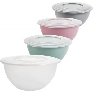 Lot De 4 Saladiers Avec Couvercle De 5 L-En Plastique (Pp)-Sans Bpa-Couleur : Gris Clair,Rose Pastel,Vert Et Transparent-Diam&egrave;tre : 28 Cm-Fabriqu&eacute; En Ue - Neuf