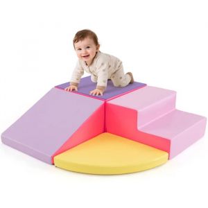 4 PCS Bloc de Construction pour Enfant COSTWAY-Mousse EPE-Housse en PU Imperm&eacute;able Amovible-Grimper Ramper-Rose - Neuf