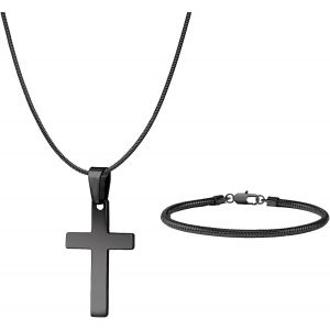 Kal-Croix Collier Pour Hommes Femmes,Chaine Pendentif Croix Acier Inoxydable,Croix Cha&icirc;ne Hommes Et Bracelets,Croix Collier 46/51/56/61/66 Cm,Collier Croix Bracelet Set 2/2.4 Mm - Neuf