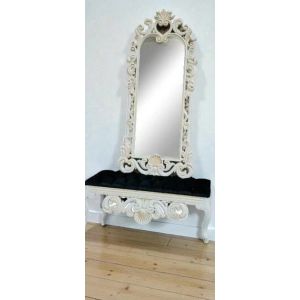 Un miroir blanc avec banquette noir Style Louis XV en bois d'h&ecirc;tre sculpte - Neuf