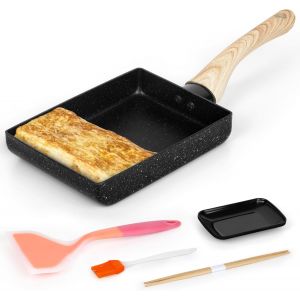Subzonal-Kit Poele Omelette Japonaise - Poele A Oeuf Rectangle Antiadh&eacute;sive Avec Poign&eacute;e En Bois - Comprend 1 Assiette Pour Omelette, 1 Pinceau & 1 Spatule En Silicone, & Baguettes De Cuisson - Neuf