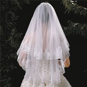 Voile De Mariée Blanc Court En Dentelle Pour Femme, 2 Couches, Doux - Neuf