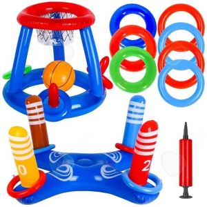 Cerceau de basket-ball gonflable avec 8 anneaux lancer jouet piscine set panier de basket flottant et&eacute; jeu de jouets pour enfants - Neuf