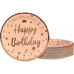 Checarzhn--No1-Lot De 50 Assiette Jetable Anniversaire 23cm, Rose Vaisselle Jetable Anniversaire Assiettes Dessert Assiette Carton Pour Barbecue Camping Mariages Fête Anniversaire (Anniversaire Rose, - Neuf