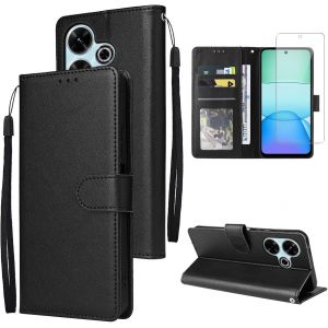 JGD-Coque Portefeuille Compatible avec Xiaomi Redmi 13 4G / Poco M6 4G avec 1 Pi&egrave;ce Protection &Eacute;cran en Verre Tremp&eacute;, PU Cuir Housse, Support et &agrave; Rabat Flip &Eacute;tui - Noir - Neuf