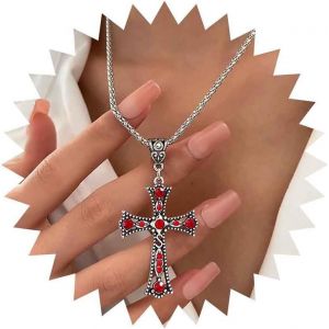 Kal-Collier Pendentif Croix Rubis Punk Collier Croix En Cristal Rouge Collier Ras Du Cou Croix Rubis Cz Collier Chaîne En Strass Argent Bijoux Pour Femmes Et Filles - Neuf