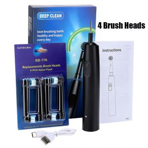 Brosse À Dents Électrique Rotative, 5 Modes, Nettoyage Des Dents, Brosse Électronique Étanche Avec Minuterie, Brosse À Dents Rechargeable Par Usb-Noir 4 Têtes - Neuf