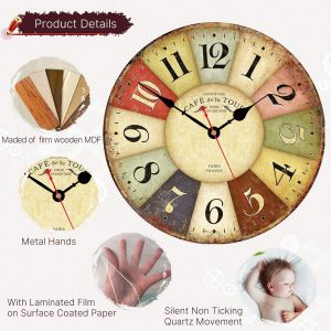 TZF-Silencieux Non coutil Rustique Horloge Murale Romaine Accueil Ronde en Bois Numerals muraux décoratifs horloges 8 inch Paris français - Neuf