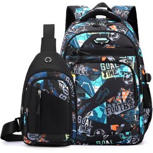 Sac A Dos College Ado Garcon De 2 Pièces, Grand Cartable Garcon Primaire Sacs À Dos Pour Enfant Impermeable, Sac Ecole Renforcé Daypack En Nylon Pour Garçons 10 À 18 Ans, Football Vert - Neuf