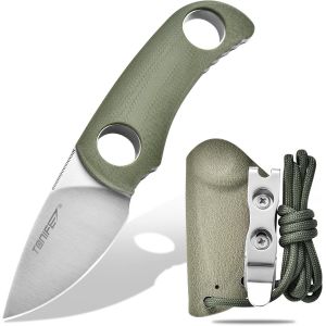 Runer Couteau De Cou Fixe Avec Fourreau Et Lanière,4,7cm Lame Full Tang Edc Couteau De Cou Pour L'extérieur (Vert+Satin) - Neuf