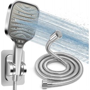 JGD-Kit Douche Haute Pression, Pommeau de Douche Anti-Calcaire 120mm 8 Modes + Tuyau 1.5m Inox + Support Sans Per&ccedil;age, Douchette &Eacute;conomie d'Eau, Compatible Salle de Bain(Argent) - Neuf