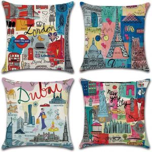 Taie D'oreiller, Jeu De 4, De Coton, De Lin, De Metropole, D'impression, De Voyage, De La Culture, Londres, Paris, Duba&iuml;, New York, Carre, Housse De Coussin Pour Le Lit, La Voiture, La Maison, Canape, 45 X 45 Cm - Neuf