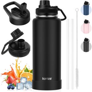 Letnerny-Tasse À Café À Emporter, Gourde En Acier Inoxydable 1 L, Gourde De Sport Avec Paille, 2 Couvercles, Anti-Fuite, Sans Bpa, Noir - Neuf