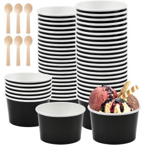 Sept-Lot De 50 Gobelets En Carton Universel Gobelets Ronds Compostables En Carton Respectueux De L'environnement Bols Jetables Durables Universelles Carton Glace Avce Cuillere - 240 Ml, Noir - Neuf