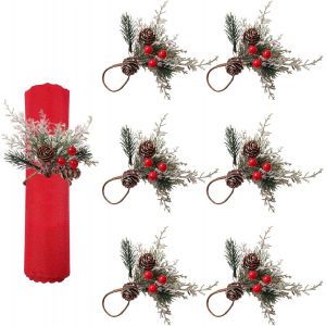 6pcs No&euml;l Ronds De Serviette, Des Pommes De Pin Enneig&eacute;es De Petits Fruits Rouges, Ronds De Serviette,Serviette Titulaires D'anneaux Pour No&euml;l, Anniversaire D&icirc;ners De F&ecirc;te De Mariage D&eacute;coration De T - Neuf