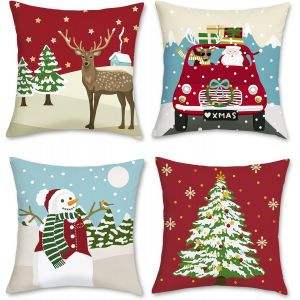 Lot De 4 Housse De Coussin No&euml;l 45 X 45 Cm Arbre De No&euml;l Camion Renne Bonhomme De Neige Velours Doux D&eacute;coratif Taie D'oreiller No&euml;l Pour Canap&eacute; Lit Chaise Joyeux No&euml;l Maison D&eacute;coration - Neuf