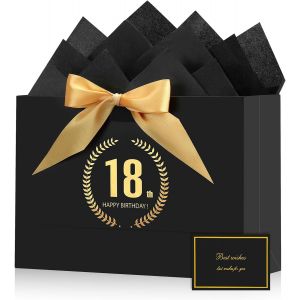 Sac Cadeau Anniversaire 18 Ans - Sac Cadeaux Exquis Grand Format Noirs et Or, Pochette Cadeau avec 2 Feuilles Papier d'Emballage 1 Carte Pour Femme et Homme, Gift Bags Luxe, D&iquest;&iquest;coration de F&iquest;&ordm;te - Neuf