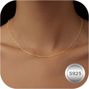 Women's Necklace 925 Silver Chain 14k Gold Ball Chain Gold Plated Choker Necklace Silver Necklace Women Teenager Girlfriend Sister Friend Birthday Jewellery Woman - Neuf