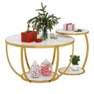 Set of 2 Round Nesting Table, Round Coffee Table with Storage Space, Circular Sofa Side Table with Metal Legs for Living Room - Neuf