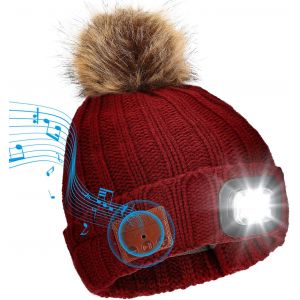 Jexnovashop-Bonnet Sans Fil Bluetooth Avec Lampe Frontale 4 Led Rechargeable Par Usb V5.0 - Doublure Polaire - Haut-Parleurs St&eacute;r&eacute;o Int&eacute;gr&eacute;s Et Micro - Pour Femme - Course &Agrave; Pied, Ski, Camping, Cycli - Neuf