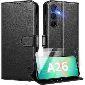 Kal-Coque Pour Samsung Galaxy A26 5g Coque Etui Portefeuille Cuir Avec 2 Verre Trempé Protection Écran Porte Carte Rabat Clapet Flip Case Étui Cover Housse Etui Pour Samsung Galaxy A26 5g,Noir - Neuf