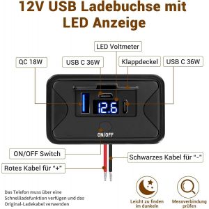 2 Pièces Usb Prise De Charge 12v Chargeur De Voiture Avec Voltmètre 72w Qc3.0 Usb & Double Pd3.0 Type C Téléphone Portable Chargeur Rapide Étanche Avec Interrupteur Pour 12 V / 24 V Caravane - Neuf