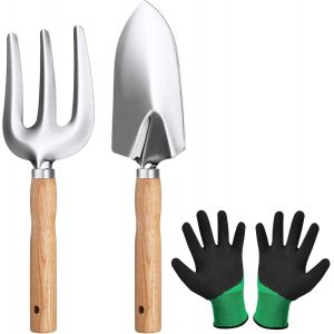 KALANKA-Outils de Jardinage, Ensemble d'outils de Jardin, 3pcs Garden Tool Set, Outil de Jardin Manche en Bois pour Jardinage Plantes Int&eacute;rieur Ext&eacute;rieur avec Une Pelle Fourchette et Paire de Gants - Neuf